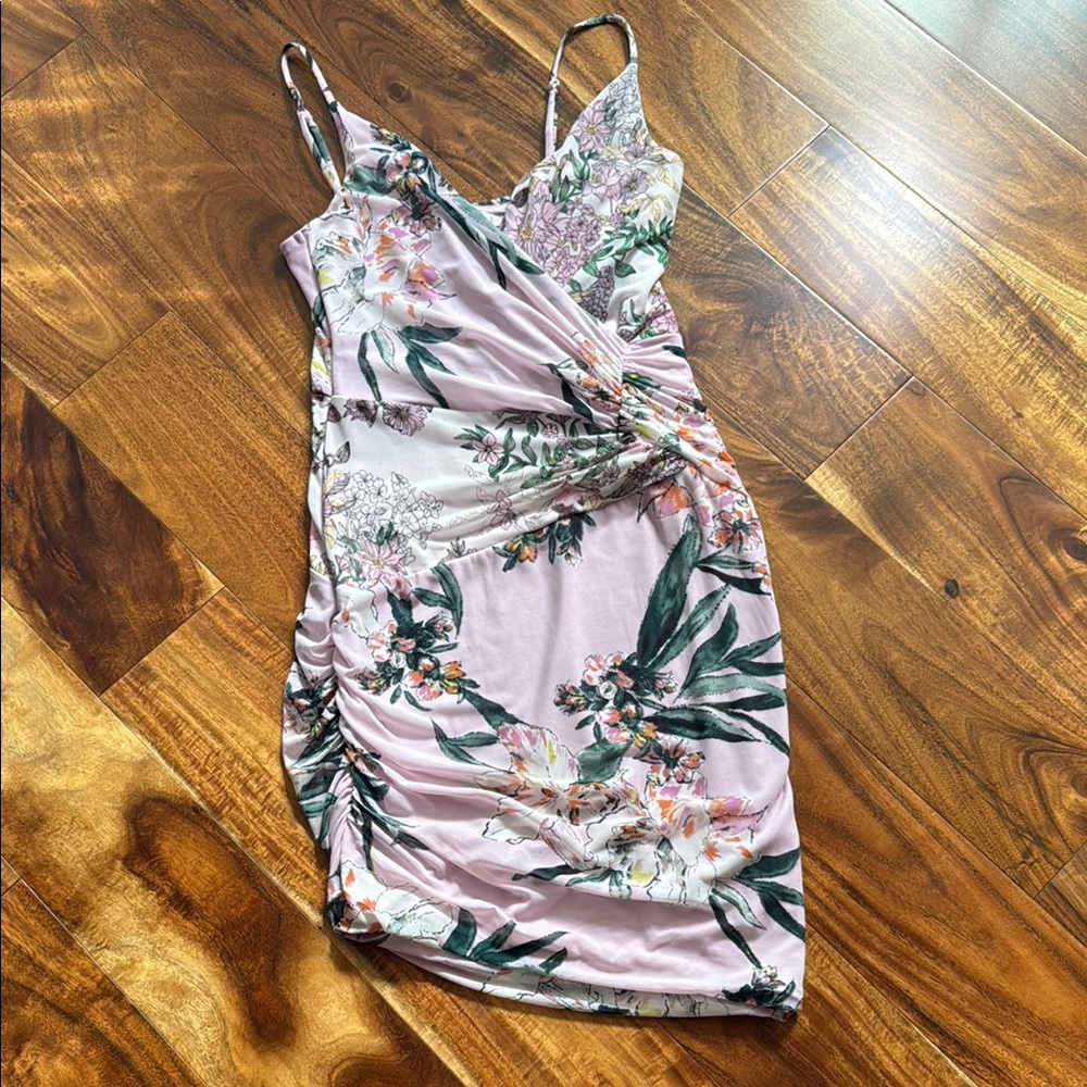 Guess Pink and Green Ruched Wrap Mini Dress